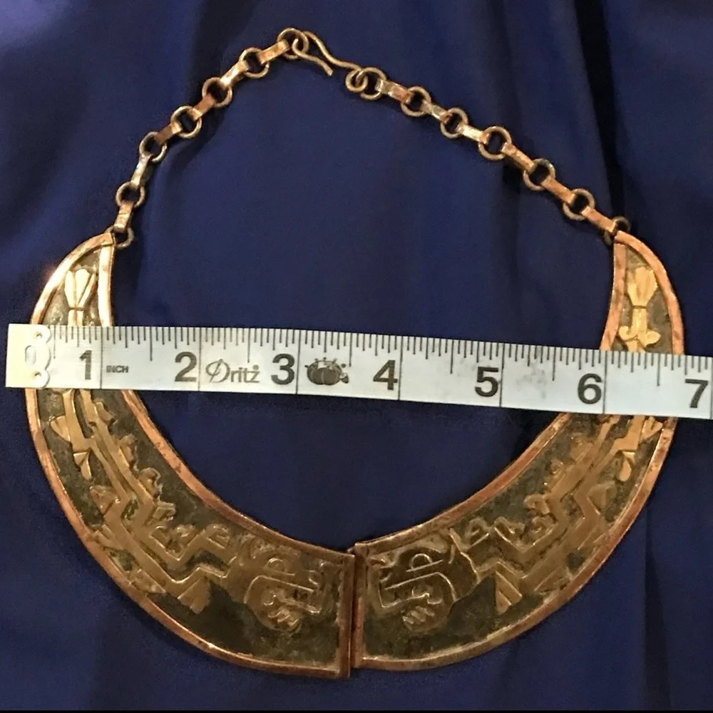 Vintage Aztec Copper Brass Choker Necklace Rare Mexico Tribal Boho Statement Art - Picture 8 of 14